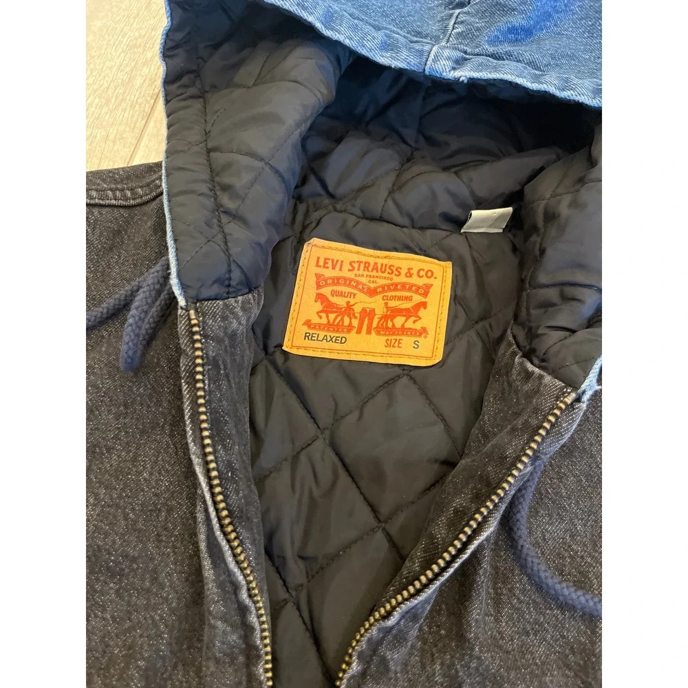 Levi Strauss & Co Mens Relaxed Denim Hooded Bomber Jacket Two Tone Black Blue S
